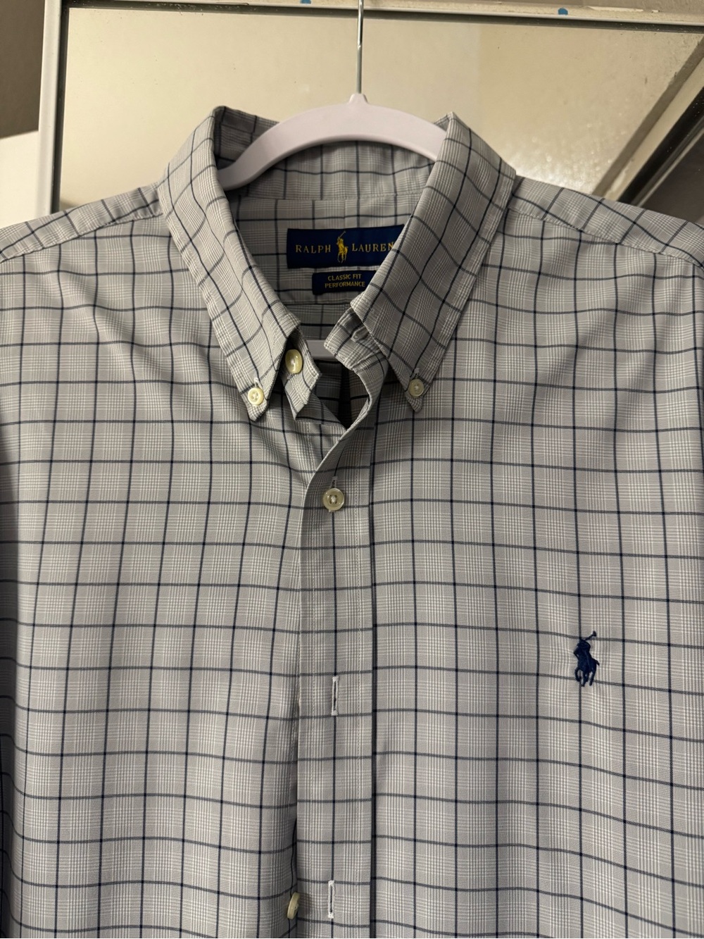 Ralph Lauren White Button-Down Shirt with Blue Windowpane Check